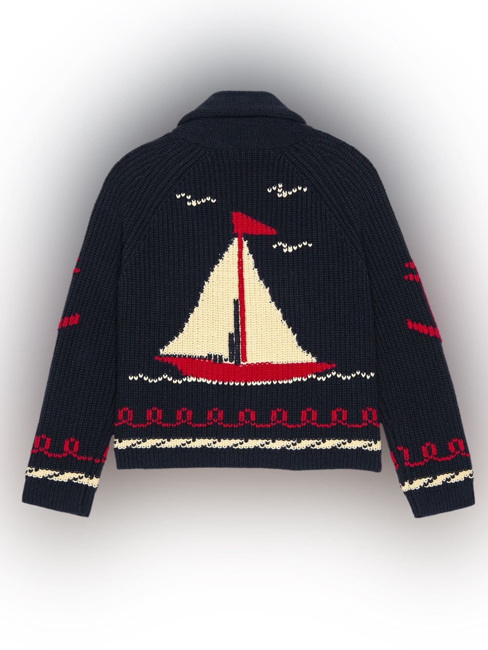 THE GREAT. Navy Cardigan with Cream and Red Sailboat Intarsia lodge - Picture 2 of 6
